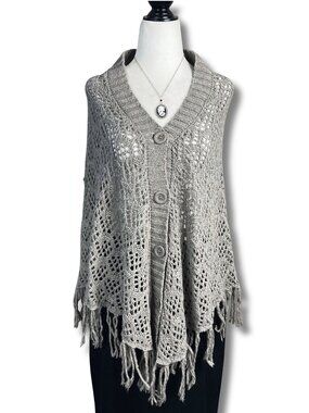 RIVERS WOVENS Grey open weave design knit poncho ~ Boho MEDIUM LARGE XL 1X top